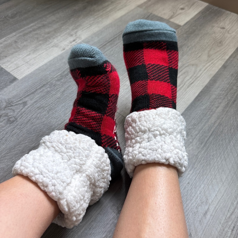 Red and Black Plaid Fleece-Lined Socks Fuzzy Soft Cozy Warm